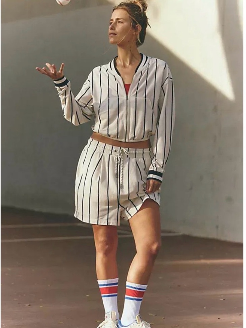 FP Movement Free People Off Duty Set Pinstripe Shorts Jacket Ivory Combo XL